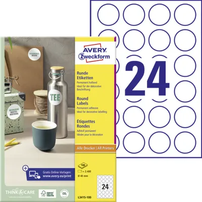 Produktbild von Avery Zweckform L3415-100 Runde Etiketten, A4, Ø 40 mm, 100 Bogen/2.400 Etiketten, weiß