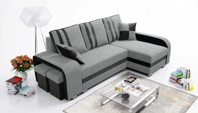 Produktbild von Robin York Ecksofa mit Schlaffunktion 2x Bettkasten 2x Kleine Kissen 2x Hocker Sofa L-Form Schlafsofa Freistehende Eckcouch Schlafcouch Wohnzimmermöbel Wohnlandschaft Rechts Schwarz Grau