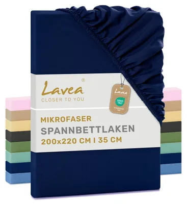 Produktbild von Lavea® Spannbettlaken 200x220 cm aus Mikrofaser, Bettlaken mit Rundumgummi, für Matratzen bis 35 cm, atmungsaktiv und kühlend, pflegeleicht, Spannbetttücher, 1 Stück, Navyblau