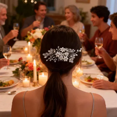 Produktbild von Silberner Braut-Haarkamm mit Blüten, Perlen und Strass-Blättern, dekorativer Seitenschmuck für Frauen