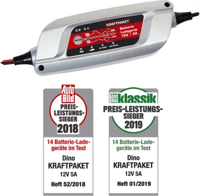 Immagine prodotto di Dino KRAFTPAKET 5A-12V caricabatterie automatico intelligente, per batterie al piombo, GEL, EFB start/stop, AGM, caricabatterie per veicoli auto, moto