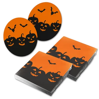 Produktbild von itenga 40x Serviette Halloween schwarz orange mit 40x Bierdeckel Set