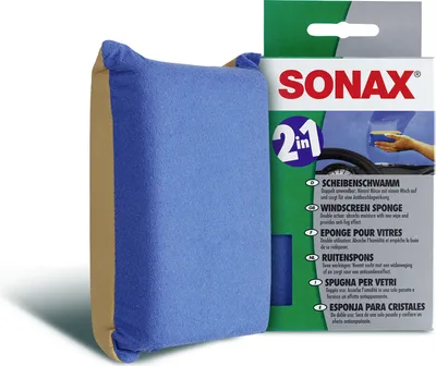 A Sonax windscreen sponge and its packaging are shown against a white background.