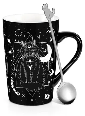 Produktbild von Katzentasse mit Löffel, Gothic Katze Design, Kaffeetasse für Katzenliebhaber