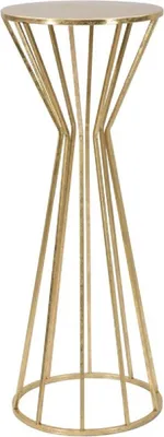 A tall, slender gold table with a circular top and a circular base, supported by thin, vertical metal rods that curve inwards in the middle.