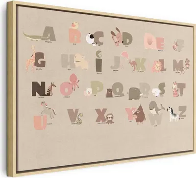 Produktbild von Italienischer Leinwand Leinwandbild - Alphabet at the Zoo - Joyful Animals and Their Names on a Beige Background 60x40 cm Für Kinder e-C-10066-b-a