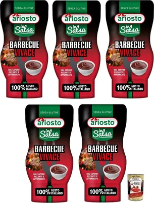 Produktbild von 5x Ariosto Salsa Barbecue Vivace,BBQ-Sauce, glutenfrei,mit einem würzigen und rauchigen Geschmack,100% italienischer Tomaten,315-g-Squeeze Flasche + Italian Gourmet Polpa di Pomodoro 400g Dose