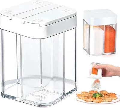 Produktbild von Unyqoos® 2er-Set transparente 4‑in‑1 Gewürzbox aus Kunststoff mit Schiebedeckel – quadratischer Gewürzspender für Camping, Wohnmobil & Küche