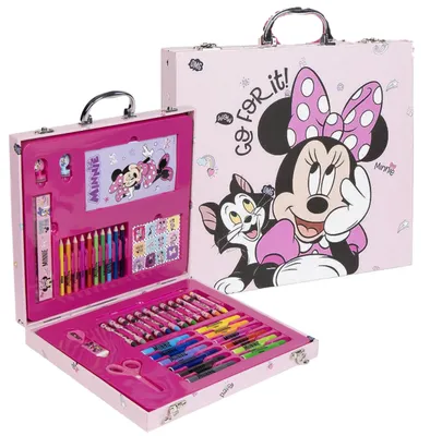 Produktbild von Disney Malset für Kinder | 52-teiliger Malkoffer mit Filzstiften, Wachsmalstiften, Buntstiften und weiterem Malzubehör | Kreatives Zeichen- und Malset für Kinder (Minnie Mouse - Rosa Malkoffer)