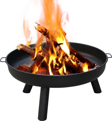 A black metal fire pit with burning logs and flames, set against a white background.