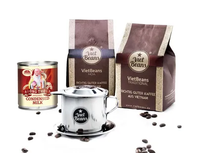 Produktbild von Vietnamesisches Kaffee-Starterset VietBeans gemahlen - 2 x 250g gemahlener Röstkaffee + Filter (Phin) + gez. Kondensmilch