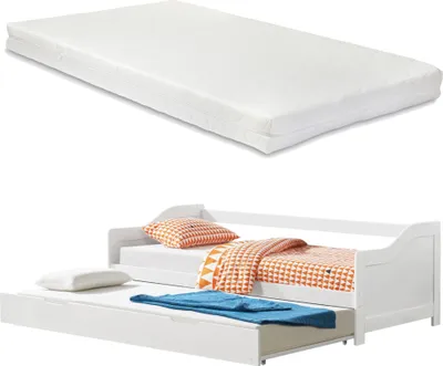 Produktbild von [en.casa] Tandembett 2x 90x200cm Weiß Ausziehbett mit 2x Matratzen Doppelt Sofabett mit Lattenrost Funktionsbett Kiefernholz Schlafsofa Gästebett Kojenbett Tagesbett