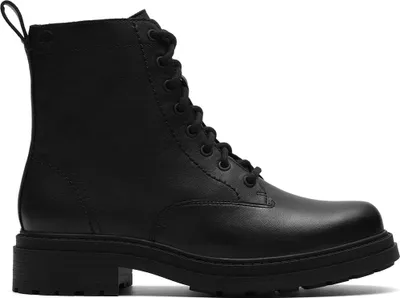 A black leather lace-up boot is shown in profile against a white background.