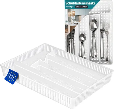 Produktbild von KONZEPT Besteckkasten für Schubladen 31x23x4,5cm Weiß - Praktischer Schubladen Organizer Küche, Besteckschublade Einsatz für optimale Aufbewahrung
