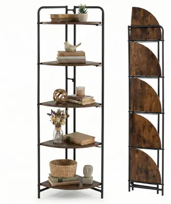 Produktbild von Eckregal mit 5 Ebenen, klappbares Aufbewahrungsregal mit Metallrahmen, Holz Standregal Leiterregal für Wohnzimmer, Schlafzimmer & Küche, 34 x 34 x 151 cm, Vintagebraun-Schwarz