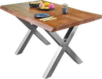 Produktbild von Esstisch Baumkante massiv Akazie Nussbaum 140 x 80 X-Gestell silber CALI