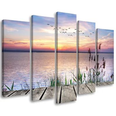 Produktbild von 5-teiliges leinwandbild die brücke 100x70 cm Feeby lila wandbild bereit zum aufhängen