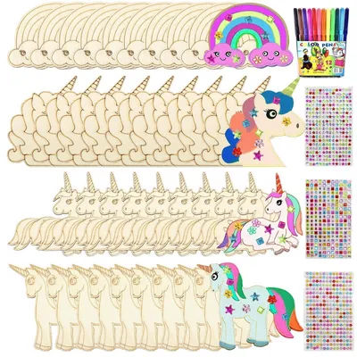 Produktbild von Einhorn Bastelset Holz 55 Teile mit 12 Buntstiften und 3 Diamantaufklebern für Kinder