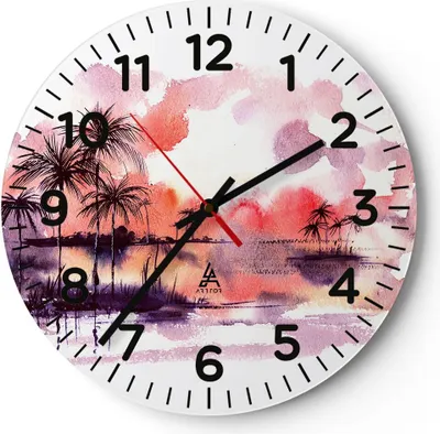 Produktbild von Wanduhr - Rund - Glasuhr - Tropen Palmen Illustration Pflanze - 30x30cm - Schleichendes Uhrwerk - Lautlos - zum Aufhängen bereit - Dekoration Modern - Wanddekoration aus Glas - C4AR30x30-2995