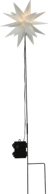 A white star-shaped LED light on a stake, with a black battery pack and wire.