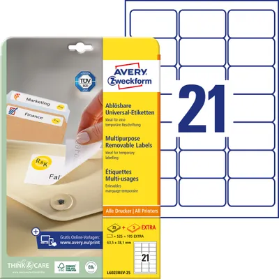 Produktbild von Avery Zweckform L6023REV-25 Universal-Etiketten, 63,5 x 38,1 mm, 25 Blatt/525 Etiketten, weiß