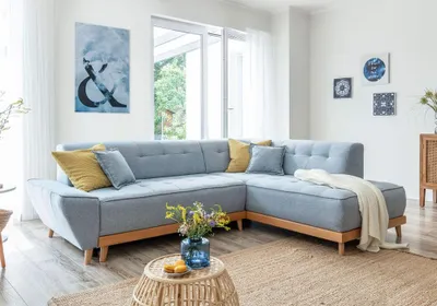 Image de MIUFORM Dazzling Daisy - Canapé d'angle avec fonction lit et coffre de lit L-FORME DROITE - 253x190cm - Bleu clair - Canapé-lit Canapé