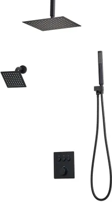 Produktbild von 30 cm Thermostatische Dusche mit Wandarm, 2-in-1 Handdusche, Doppelkopf mit 3 Funktionen, Messingarm und -hahn, matt schwarz