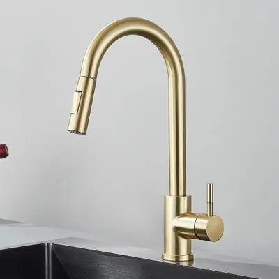 Produktbild von Linuode Küchenarmatur Edelstahl Gold gebürstet, mit Ausziehbrause, bleifreier Keramikkartusche, Einhebel, Auslaufhöhe 7,63 Zoll, 1,75 Gallonen/Min.