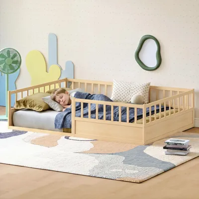 Produktbild von Kinderbett Bodenbett 140x200, Rausfallschutz, Lattenrost, Montessori-Gitterbett, Kiefer