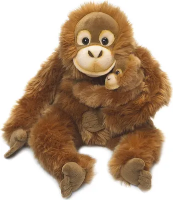 A mother orangutan hugging her baby, both are plush toys.