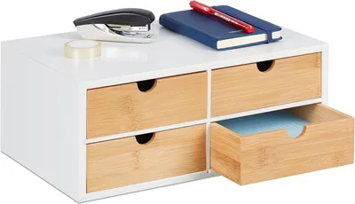 Produktbild von Famanu Büro-Organizer mit 4 Schubladen - Mini Schubladenkasten weiß/natur 14 x 33 x 21 cm