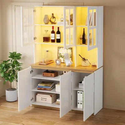 Produktbild von okwish Küche Hochschränke mit Glasrahmentüren,LED, Vitrinenschrank mit großzügigem Stauraum,Geräumige Arbeitsfläche,Weiß