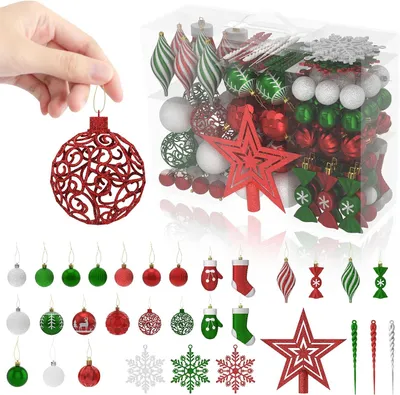 Produktbild von QEENTOE 138-teiliges Set Kunststoff-Weihnachtskugeln，Schmuck in verschiedenen Größen und Oberflächenausführungen.（Gemischte: Rot, Grün und Weiß）