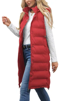 Produktbild von Daunenweste ohne Ärmel - Lange, gesteppte Weste - Leichte Jacke - Warme Winterjacke - Kapuze - 2 Taschen - Gesteppte Jacke