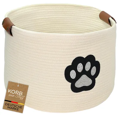 Aufbewahrungskorb für Hundezubehör, runder Korb aus Baumwolle mit Kunstledergriffen, Hundepfoten-Motiv, 45 x 30 cm, Beige-Vanillegelb, KI-generiertes Bild