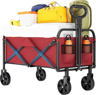 Produktbild von 50L Bollerwagen – Faltbarer Transportwagen mit Stahlrahmen & 600D Oxford-Stoff – Leichter Garten- & Campingwagen mit All-Terrain Rädern – Rot