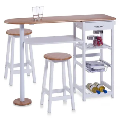 Immagine prodotto di Bar da cucina Zeller con 2 sgabelli, bianco/decorazione bambù, tavolo in MDF: 118x38x89