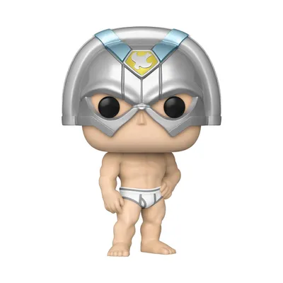 A Funko Pop! vinyl figure of the DC character Peacemaker, depicted in his iconic helmet and underwear.