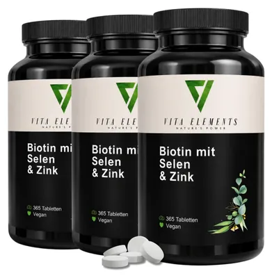 Produktbild von Vita Elements Biotin Selen Zink Komplex 3er Set 365 Tabletten Haut Haare Nägel Nahrungsergänzungsmittel