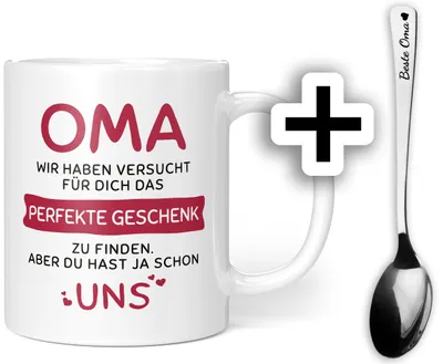 Oma-Tasse mit Löffel, 330 ml, Keramik, Spruch, Geschenkidee