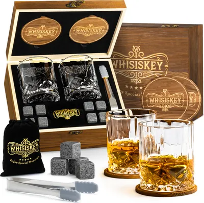 Produktbild von Whisiskey - Whisky Gläser Set - Whiskey Geschenkset für Männer - Whiskygläser - Geschenk Papa - Geschenkbox, Tumbler Gläser, Steine & Zubehör