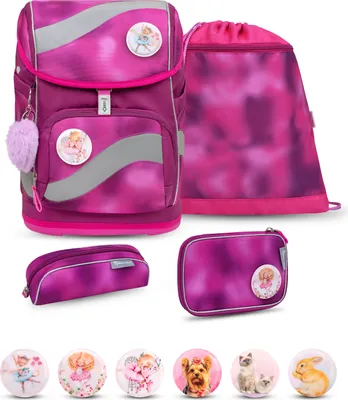 Produktbild von Belmil Smarty ergonomisches Schulranzen Set 5-teilig "Shiny Pink" mit Brustgurt, Hüftgurt, Magnetverschluss, Patch Set 6 Stück