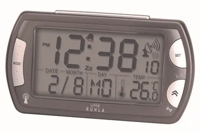 Obrázek produktu pro Radiově řízený budík UMR s velkým LC displejem, kalendářem, zobrazením teploty a rádiového signálu, šedý