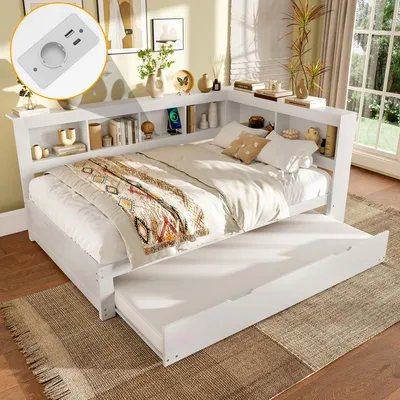 Produktbild von Flieks Holzbett Schlafsofa Tagesbett 140x200cm mit Ausziehbett, Jugendbett Kinderbett mit Ladefuntion (USB & Steckdose), Doppelbett Daybett, Weiß