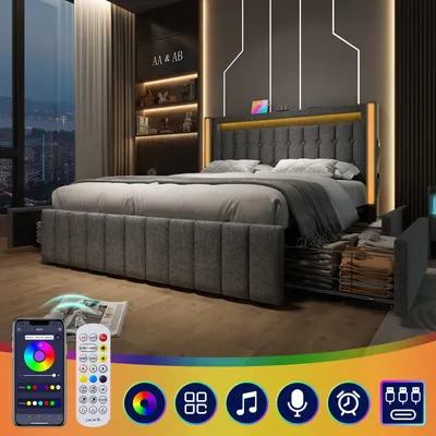 Immagine prodotto di Letto imbottito con porta USB di tipo C, illuminazione a LED e 4 cassetti. Letto per ragazzi, dimensioni 160x200 cm, letto matrimoniale con contenitore, struttura letto