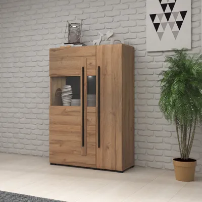 Produktbild von Masseno Kommode TULLIA 90 cm Highboard und 2 Türen für Wohnzimmer Schlafzimmer Modern 90x39x136 cm Eichefarben / Eichefarben
