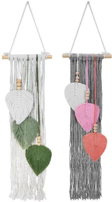 Produktbild von Ibenzoa® Handgefertigtes Boho Macramé-Wandbehang-Set (2 Stück) – Baumwolle 66 x 20 cm, mit Quasten & Blatt-Design