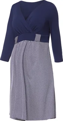Image de Robe de grossesse Be Mammy, élégante et décontractée - Modèle à manches longues BE20-243 (bleu marine à pois, taille M)