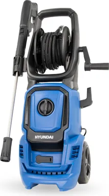 A blue and black Hyundai electric pressure washer with a hose reel is shown against a white background.