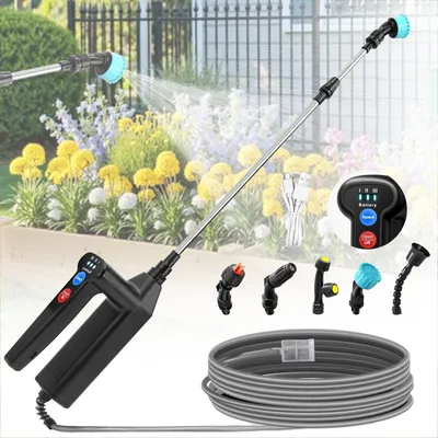 Produktbild von Akku Drucksprüher mit 4 verstellbaren Düsen und 5 m Schlauch, 7,4 V Elektrischer Pflanzensprüher Drucksprüher für Garten, Hof, Rasen und Unkraut